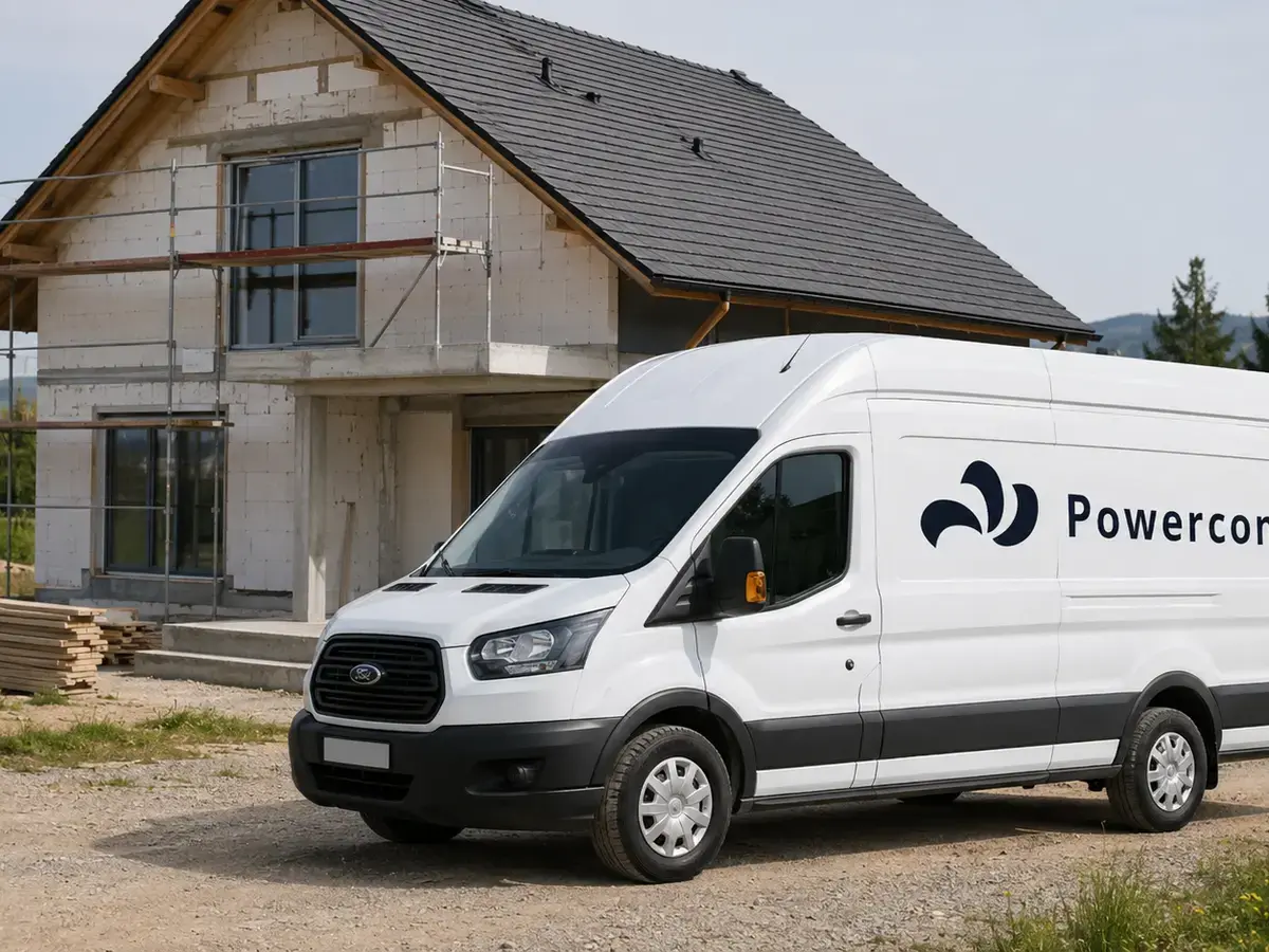 Dla domu Biały Ford Transit z logo Powercon na budowie domu